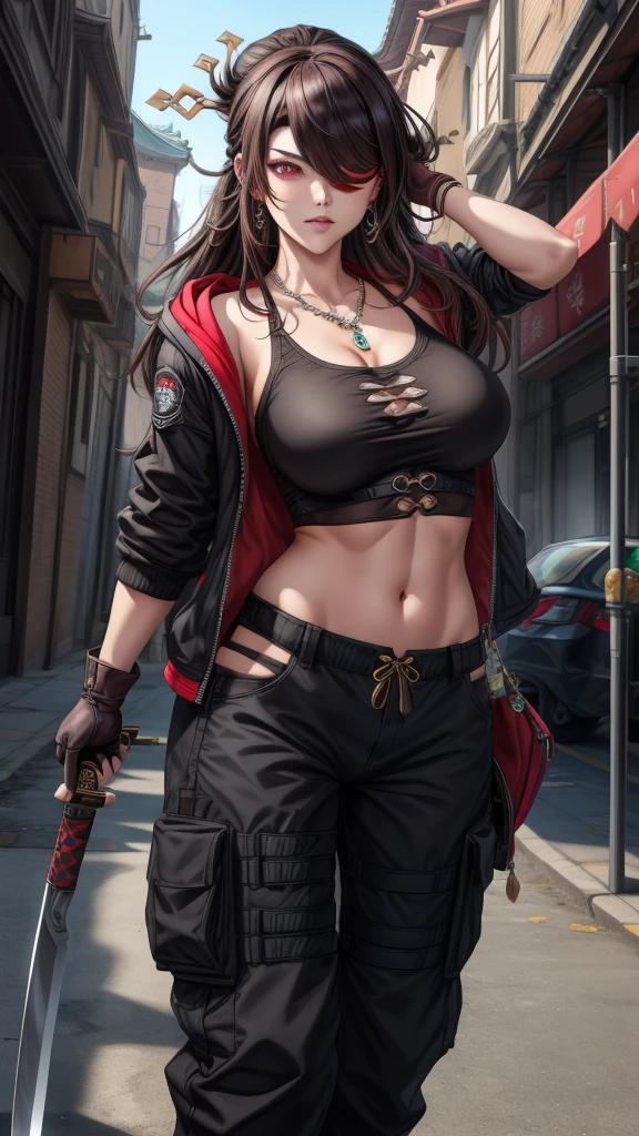 woman character, sweatpants, black hoodie (jewelry, headbands: 1.1, asian style), blindfold patch(pirate eye), Beidou LoRa, no more characters (extremely detailed CG unity 4k wallpaper ). Camouflage military pants,wearing black techwear jacket and trousers with buckle and tape, ((a crystal necklace)), holding one katana, long_hair, red_eyes, fingerless_gloves, hair_adornment, medium breasts, not cleavage, hair_stick, brown_hair, hairpin, black_gloves, casual street clothes, comfortable clothes.