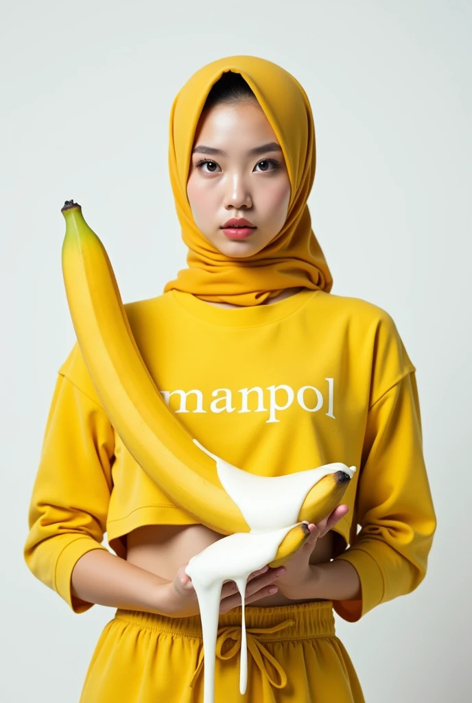 beautiful Korean woman wearing a hijab, wearing a yellow crop top t-shirt that says MANPOL, holding a large and long banana, at the end of the banana there is thick white milk melting, white background