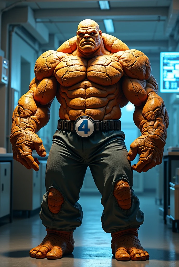 Man with cracking stone face. Human thing marvel. Very dry skin. Wear pant, shirtless. Korg. Fantastic 4 character the thing. Orange skin rock dirt skin. Wear elastic pant ,loose ear. Big head. Bulking short body. Normal people body type. Ben Grimm. Fantastic 4 character,in lab . Hologram everywhere. Data. Stone ear mount. Very chubby. Big "4" white blue color logo on center of belt.