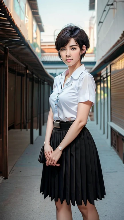 Pretty thai woman short hair  , tomboy , (8k, best quality, masterpiece, ultra highres:1.2) Photo of Pretty thai woman beautiful, beautiful enchanting fashion contemporary painting with , (1girl), (white big size shirt short sleeves), ((black long pleated skirt )), belt , realistic skin texture , round chin, 85 mm art lens, f 1. 2, sharp focus, 8 k high definition, insanely detailed, intricate, elegant , mid breasts , long pleated skirt black skirt 