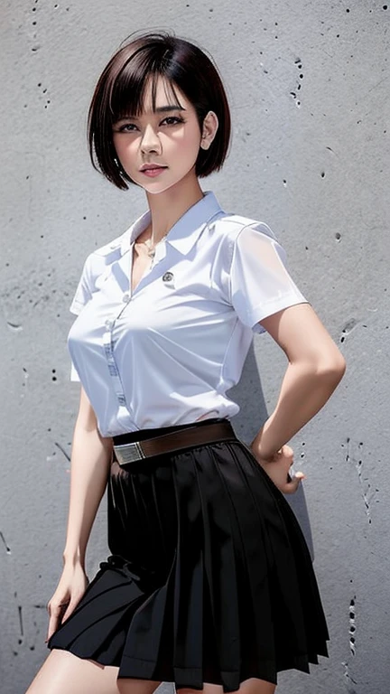 Pretty thai woman short hair  , tomboy , (8k, best quality, masterpiece, ultra highres:1.2) Photo of Pretty thai woman beautiful, beautiful enchanting fashion contemporary painting with , (1girl), (white big size shirt short sleeves), ((black long pleated skirt )), belt , realistic skin texture , round chin, 85 mm art lens, f 1. 2, sharp focus, 8 k high definition, insanely detailed, intricate, elegant , mid breasts , long pleated skirt black skirt 