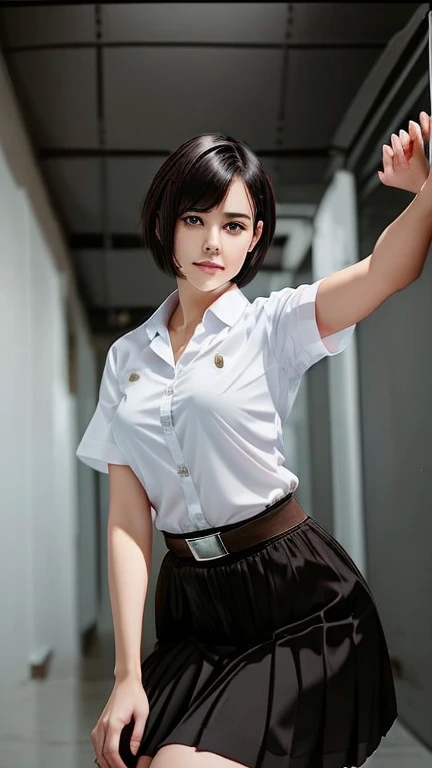 Pretty thai woman short hair  , tomboy , (8k, best quality, masterpiece, ultra highres:1.2) Photo of Pretty thai woman beautiful, beautiful enchanting fashion contemporary painting with , (1girl), (white big size shirt short sleeves), ((black long pleated skirt )), belt , realistic skin texture , round chin, 85 mm art lens, f 1. 2, sharp focus, 8 k high definition, insanely detailed, intricate, elegant , mid breasts , long pleated skirt black skirt 