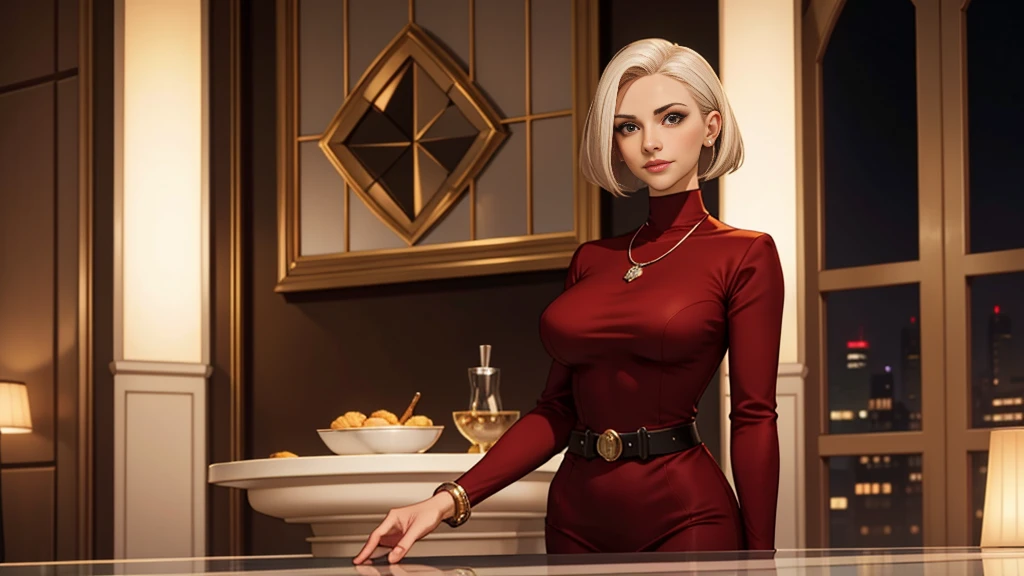 cute date night, mature woman, 2, platinum blonde hair, red long sleeve dress, (long sleeves), large breasts, velvet,  bangle, short hair, geometric, asymetric,  in a modern hotel lobby, solo, one woman, cute date night outfit, cute fit, [Victoria Beckham],[[KateBeckinsale]],[[[Jenna Coleman]]], thick belt, smiling, happy, necklace