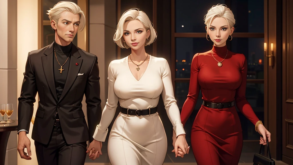 cute date night, mature woman, 2, platinum blonde hair, red long sleeve dress, (long sleeves), large breasts, velvet,  bangle, short hair, geometric, asymetric,  in a modern hotel lobby, solo, one woman, cute date night outfit, cute fit, [Victoria Beckham],[[KateBeckinsale]],[[[Jenna Coleman]]], thick belt, smiling, happy, necklace