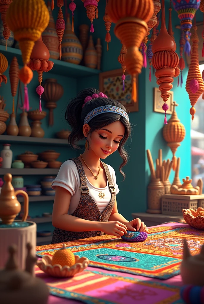 A tembleques shop and a craftswoman making it