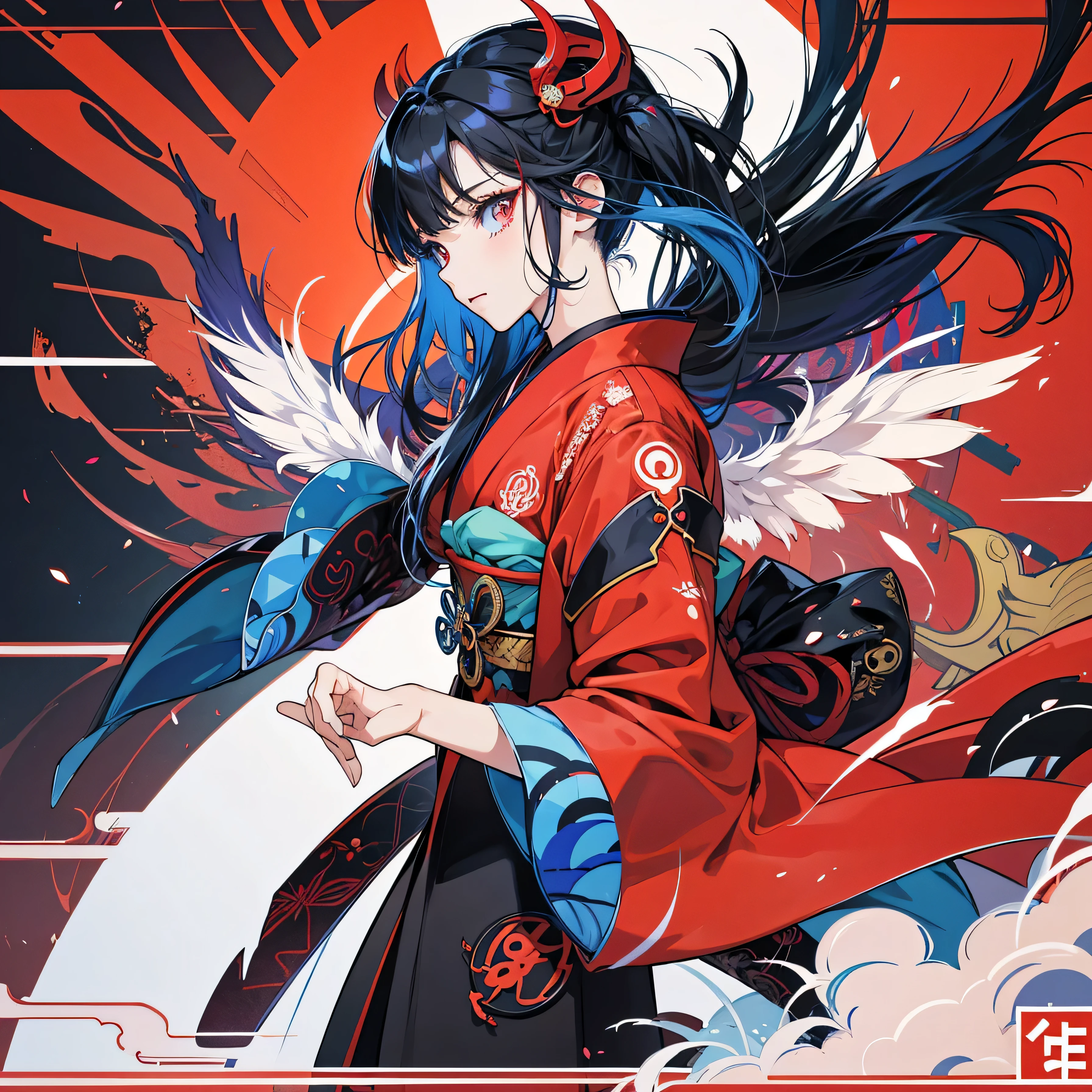 A vector art style, front view of an anime girl with traditional Japanese elements and cyberpunk design, red kimono, half devil half angel, hands in a prayer pose, multiple eyes on her head, she has wings behind her back, the background is a temple with a red and blue color theme, a colorful pop art illustration in the style of cool, a highly detailed, clean, bold manga poster, a 2D, flat, symmetrical composition. --ar 3:4 --niji 6