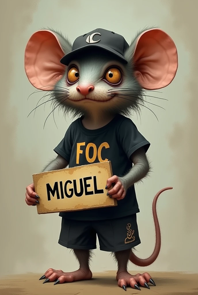 Make me an ugly mouse with a sign that says Miguel, and have a mullet cut and wear a black shirt that says FOC and black shorts and a cap, make it with small ears and with larger eye pupils