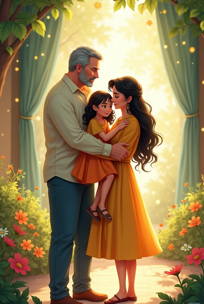 A drawing for a magical story where a 50-year-old man appears who is not very thin., gray-haired with a not-so-thin woman,black-haired hugging her brown-haired daughter, that has a colorful dress and that she is in her arms
