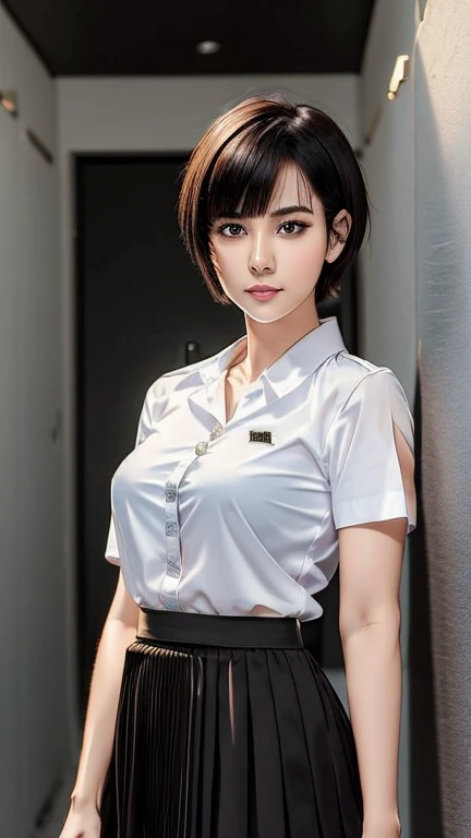 Pretty thai woman short hair  , tomboy , (8k, best quality, masterpiece, ultra highres:1.2) Photo of Pretty thai woman beautiful, beautiful enchanting fashion contemporary painting with , (1girl), (white big size shirt short sleeves), ((black long pleated skirt )), belt , realistic skin texture , round chin, 85 mm art lens, f 1. 2, sharp focus, 8 k high definition, insanely detailed, intricate, elegant , mid breasts , long pleated skirt black skirt 