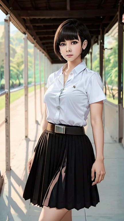 Pretty thai woman short hair  , tomboy , (8k, best quality, masterpiece, ultra highres:1.2) Photo of Pretty thai woman beautiful, beautiful enchanting fashion contemporary painting with , (1girl), (white big size shirt short sleeves), ((black long pleated skirt )), belt , realistic skin texture , round chin, 85 mm art lens, f 1. 2, sharp focus, 8 k high definition, insanely detailed, intricate, elegant , mid breasts , long pleated skirt black skirt 