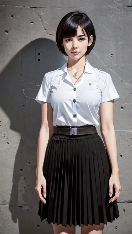 Pretty thai woman short hair  , tomboy , (8k, best quality, masterpiece, ultra highres:1.2) Photo of Pretty thai woman beautiful, beautiful enchanting fashion contemporary painting with , (1girl), (white big size shirt short sleeves), ((black long pleated skirt )), belt , realistic skin texture , round chin, 85 mm art lens, f 1. 2, sharp focus, 8 k high definition, insanely detailed, intricate, elegant , mid breasts , long pleated skirt black skirt 