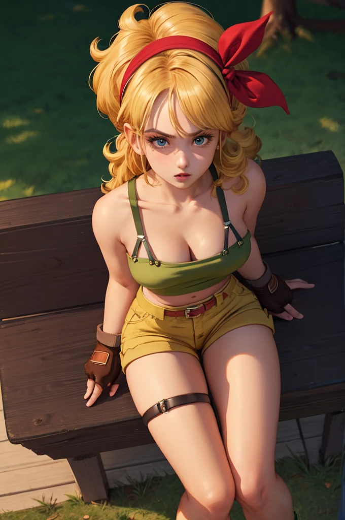 ((masterpiece, best quality)), insaneres, absurdres, solo, looking at viewer,
BlondeHair_BadLaunch_ownwaifu,
1girl, long hair, blonde hair, curly hair, hair ribbon, blue eyes, medium breasts, red hairband, eyelashes, bangs,
green shirt, yellow shorts, crop top, midriff, fingerless gloves, cleavage, bare shoulders, navel, short shorts, collarbone, tank top, belt, brown gloves, thigh strap, bare legs,
outdoors, lens flare, depth of field, bokeh, vanishing point,
(from above, sitting)