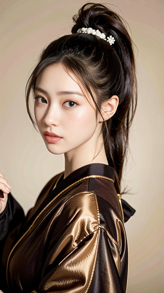Japanese women、half、Brown hair long、Double、Large pupils、Beautiful skin、High resolution, ponytail, 