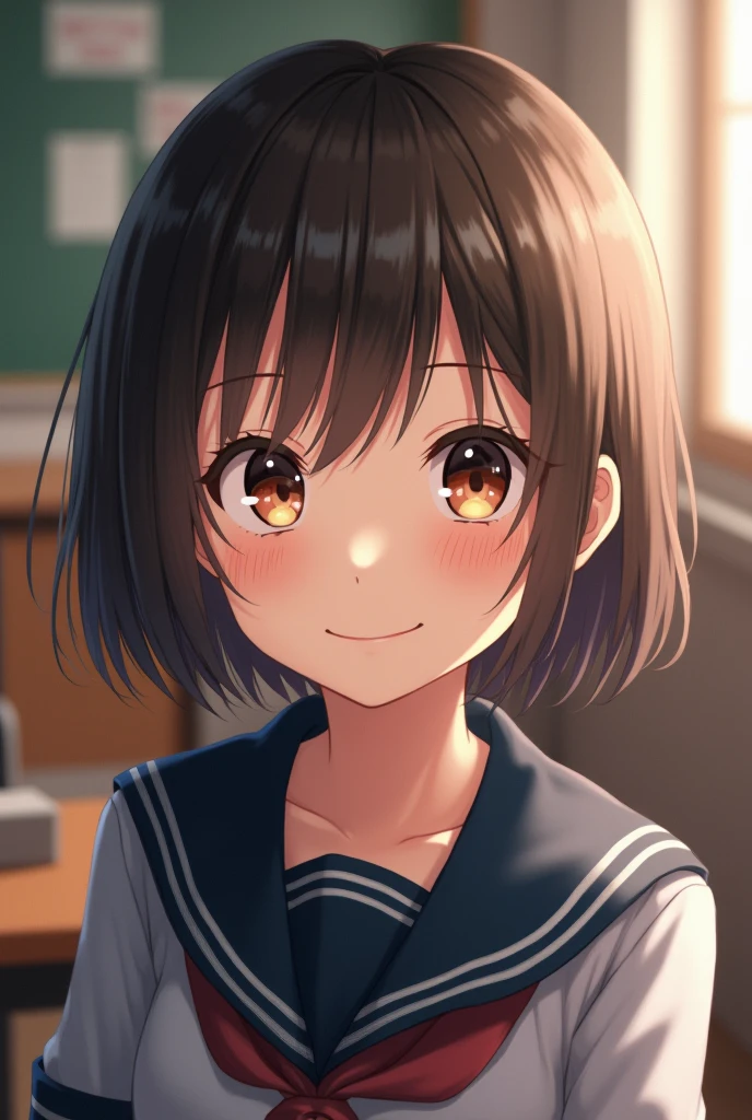 Highest quality, Face Focus, Soft Light, Ultra-high resolution, (Realistic:1.4), RAW Photos, 1 Japanese girl, alone, cute, (A shy smile:0.5), (Brown eyes, Light in your eyes), Beautiful face in every detail, (Small box),(High resolution detail of human skin texture), (Short Bob Hair), break, In the classroom,Navy uniform, Best, skirt