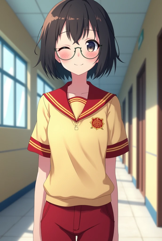 Anime style screenshot ,beautiful girl ,with hair up, with locks and bangs on the face with round glasses ,nariz slim , smiling with mouth closed and eyes closed ,slim, with red pants ,and a uniform shirt with a red collar with yellow lines and on the left side of the shirt a red and yellow ball simulating the logo of a school ,looking forward standing in a school hallway