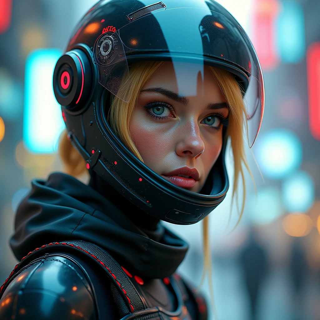 female model blonde with helmet racing suit cyberpunk reference sheet