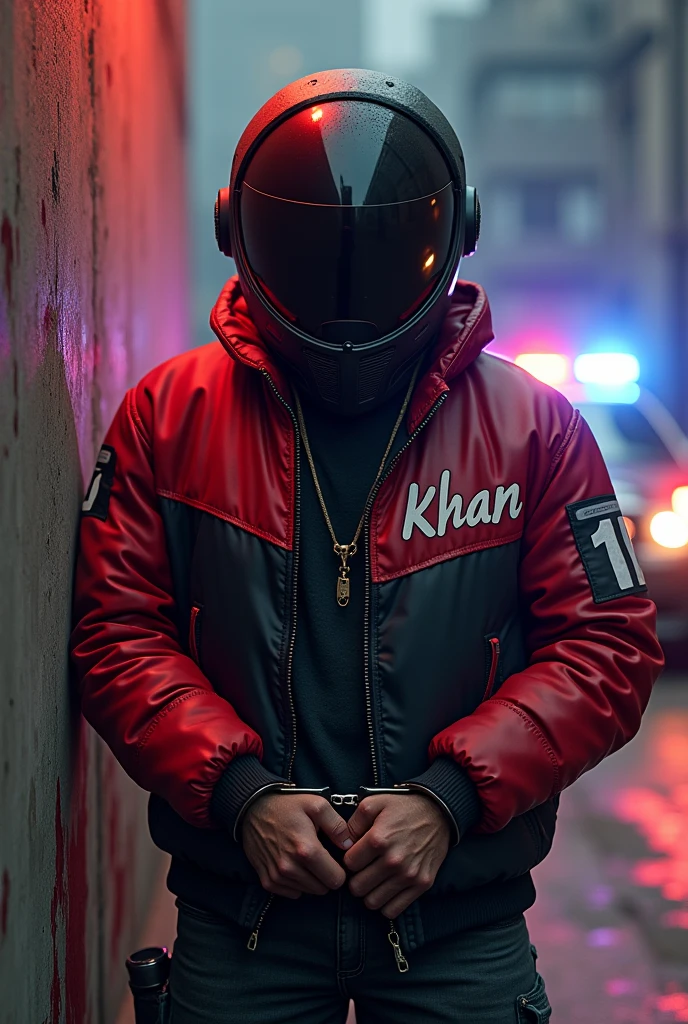 Generate a biker handcuffed facing a wall wearing a sports robotic helmet red an black with jacket written Khan tainted in blood background lights of police cars and cartoon image with big head and