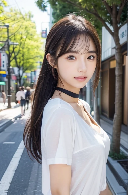 最高qualityのディテール:1.2, Realistic, 8K Ultra HD, High resolution, One Girl:1.2, The 超detailedな, 高qualityのテクスチャ, Intricate details, detailed, 非常にdetailedなCG, 高qualityの影, detailed 美しく繊細な顔, detailed 美しく繊細な目, Depth of written boundary, Ray Tracing, 20th Generation, Cute K-Pop Girls, The Face of Ulzan in Korea:1.1, Narrow Face, Urzan-6500-v1.1:0.6, Pure Eros Face_v1, Glow Eyes, cheek, Glossy Lips, Perfect body, choker、Cleavage、 Brown Hair、ponytail:1.1, street, particle, View the viewer, Photorealistic:1.4, 超detailedな, Photo Real, 4K 8K Ultra HD Full Color RAW Photos, Fujifilm(Medium format:1.2), Hasselblad:1.2, Carl Zeiss:1.1, Incredible dynamic range photography(utility_art:Smoose-768:1.1), High resolution, High pixel count, 明確なdetailed, Clear images, Natural color reproduction, Noise Reduction, High fidelity, quality, Software Improvements, Upscaling, Optimized Algorithms, Professional-level retouching、((Shibuya Ward, Tokyo))、On the way to shopping、((Stylish and Design-Forward Clothing))、Graphic T-shirts: artとロゴ、アニメキャラクターがプリントされたGraphic T-shirtsが流行.、Use for unique styling