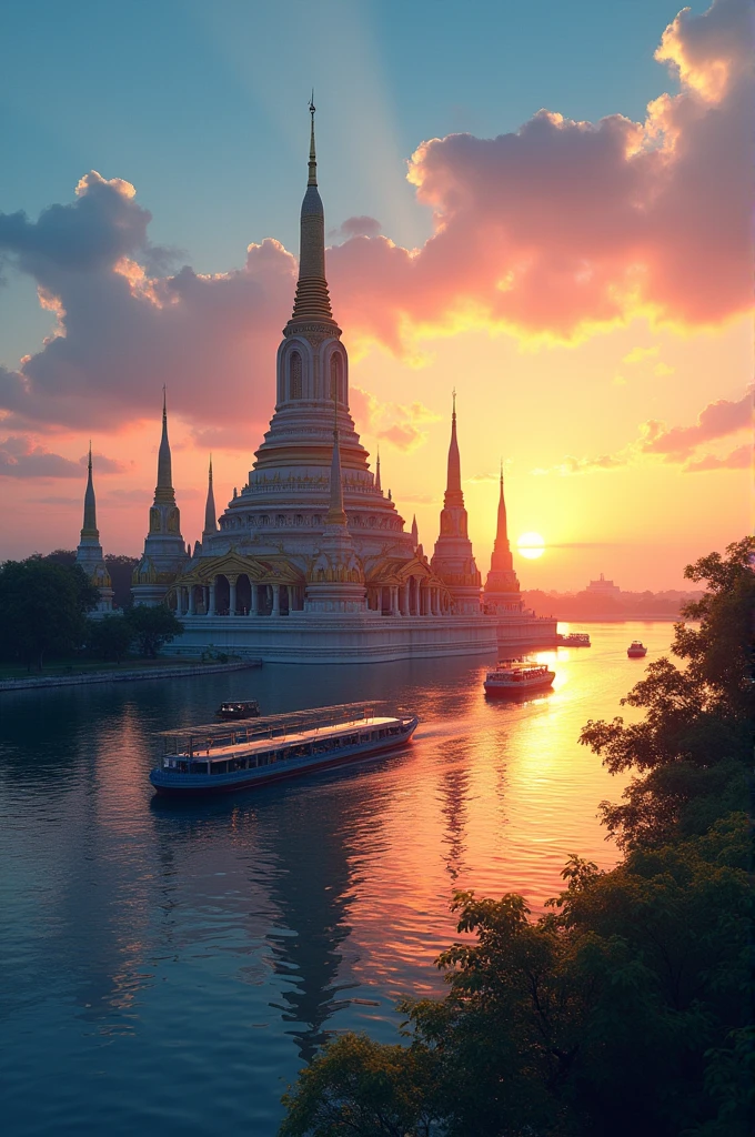 Generate the picture of A stunning view of Phra Samut Chedi in Samut Prakan at sunset, with the temple’s exquisite architecture illuminating the bright blue sky. Boats sailing and cargo ship along the Chao Phraya River, with the temple’s shadow reflected on the water, create a tranquil atmosphere.