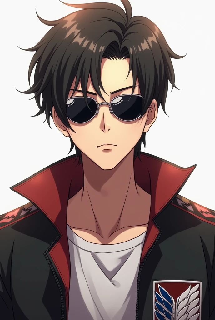 Anime guy wearing sunglasses and attack on Titan Jacket . Full upper body, eyes should not be visible through glasses. He must be front facing 