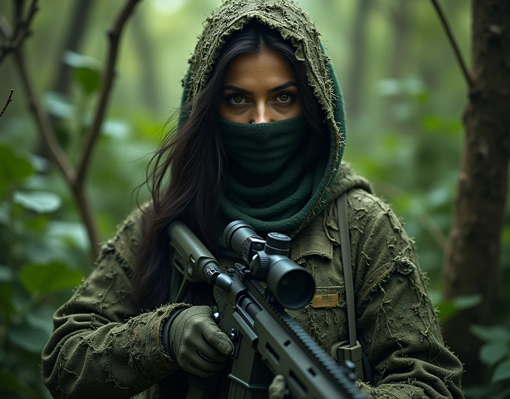 Aishwarya Rai as sniper, wearing wearing full ghillie suit, wearing full face scarf, wearing gloves, in jungle area, full body view, taking human shield,