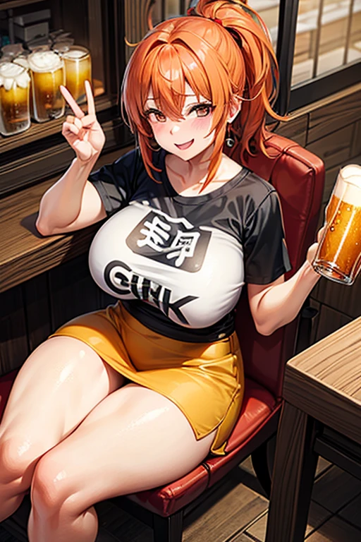 Woman, orange hair, big breasts, t-shirt, thick legs, izakaya, sitting on a chair, beer mug in right hand, smiling, red face, fun, happy, energetic, innocent, toast, drunk, no underwear, no bra