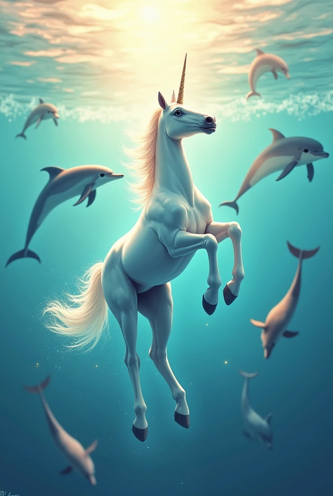 Unicorn flying without wings in the sea with colorful dolphins with many colors and with the sun, with many many pastel colors