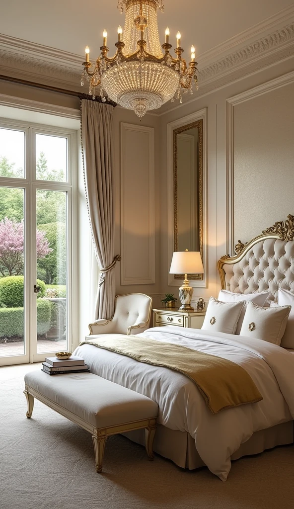 An elegant bedroom with tall windows that open onto a private garden filled with blooming flowers. The room features a large, upholstered bed with an ornate headboard and luxurious bedding in shades of ivory and gold. A plush, oversized armchair sits by the window, perfect for enjoying the garden view. The walls are adorned with subtle, textured wallpaper in a light champagne color, and a crystal chandelier hangs from the ceiling, adding a touch of opulence. On either side of the bed, mirrored nightstands with classic lamps provide soft, ambient lighting. A large, flat-screen TV is mounted on the wall opposite the bed, discreetly incorporated into the sophisticated design.