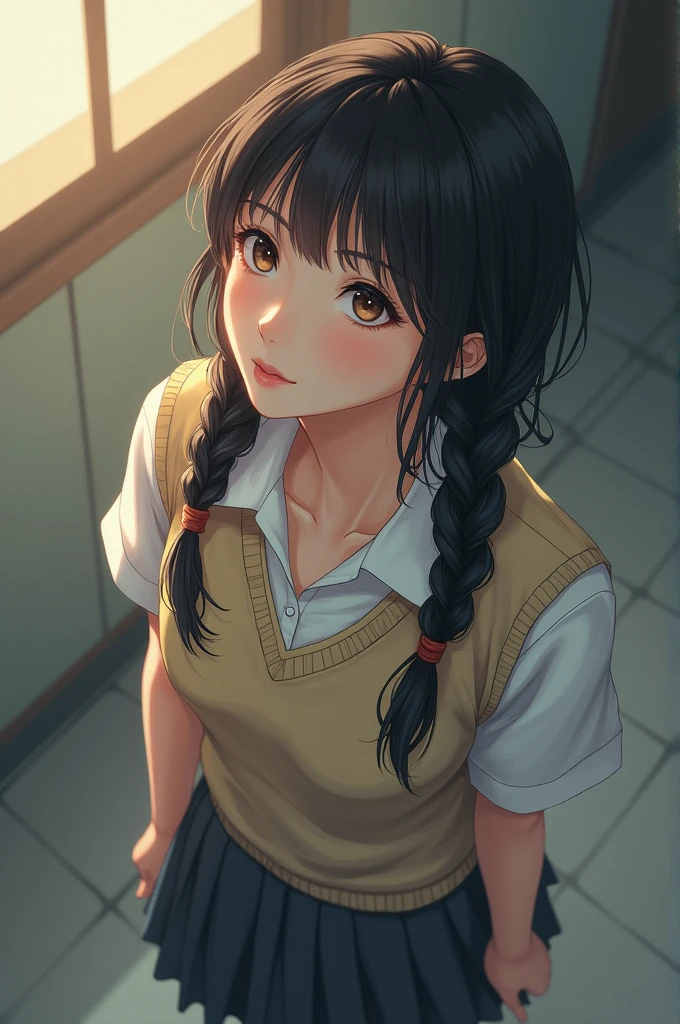 Asian age girl looking up with top perspective, with two long braids, dressed as a schoolgirl