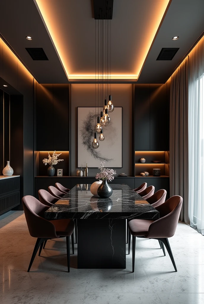 Professional 3d architecture rendering design of modern and minimal  dining room with  very dark  mink colour  modern velvet  8 chairs and black  stone marble table  modern  and modern ceiling lighting and elegant ceiling lighting and dark wooden consulate  with elegant mirror elegant  and modern ceiling lighting and elegant wall painting  and elegant accessories 