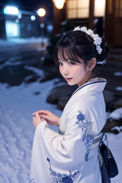 female、White kimono、snow、night