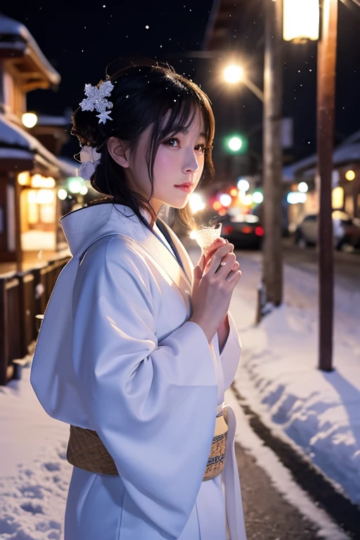 female、White kimono、snow、night