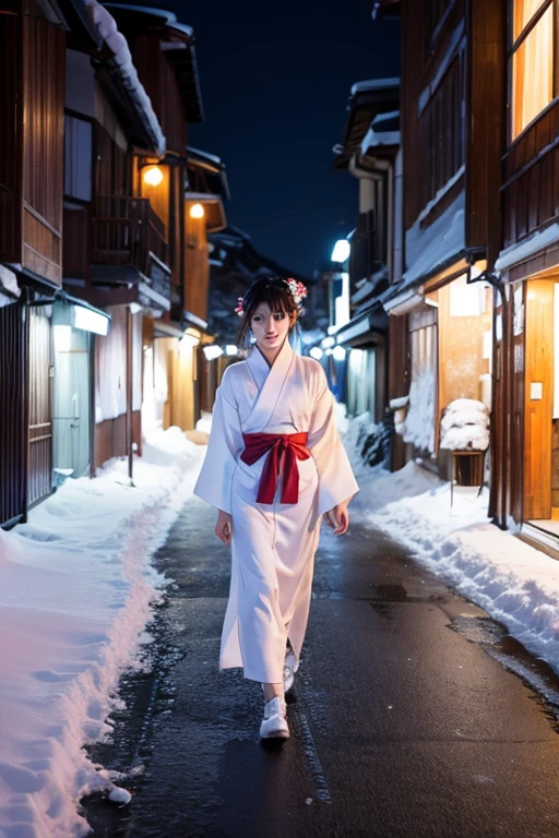 female、White kimono、snow、night