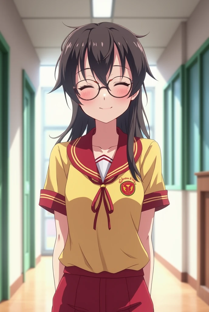 Anime style screenshot ,beautiful girl ,with hair up, with locks and bangs on the face with round glasses ,nariz slim , smiling with mouth closed and eyes closed ,slim, with red pants ,and a uniform shirt with a red collar with yellow lines and on the left side of the shirt a red and yellow ball simulating the logo of a school ,looking forward standing in a school hallway