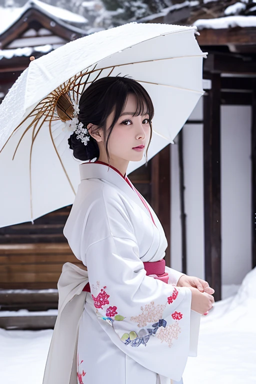 female、White kimono、snow
