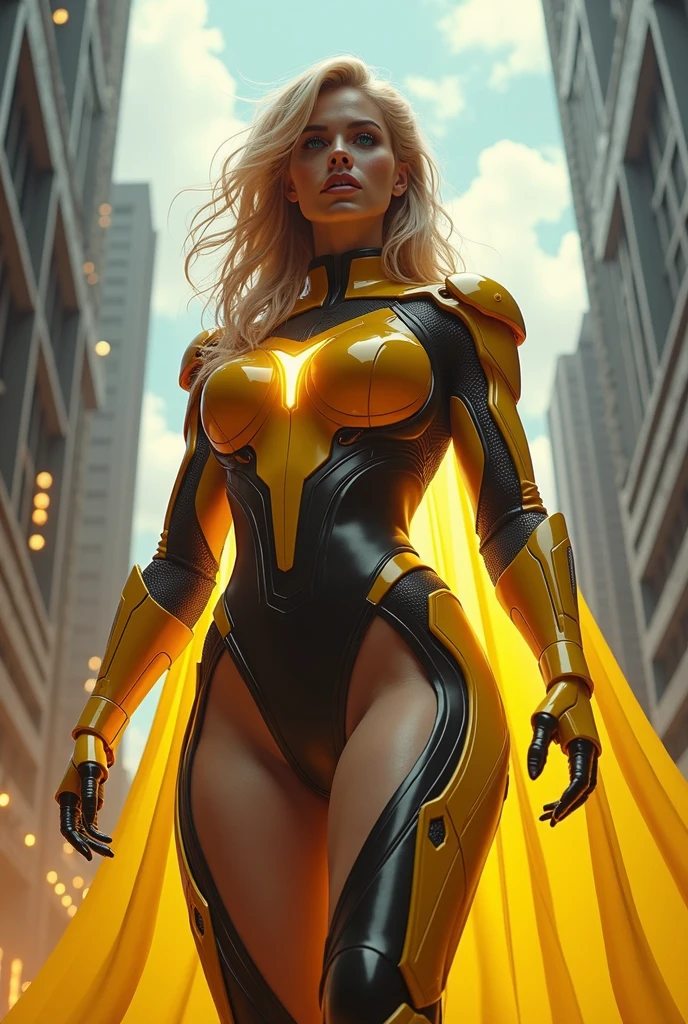 Melissa Benoist,A beautiful and strong super woman, strange alien city heroine, using a mechanical suit , futuristic costume, cyberpunk, yellow and black short and sexy,showing some tattoos on his body,breasts big, thick-thighs, Defined muscles, blondie hair, shining blue eyes, seductive and important look, heroic pose, in perspective from below showing the sky,