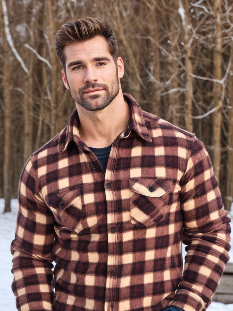 hair, portrait of a ruggedly handsome paladin, muscular, half body, masculine, mature, Retrato de un joven, Muscular very handsome and attractive spanis men, A 40 years old male, Retrato de un joven, Muscular, real, snow, winter, plaid shirt