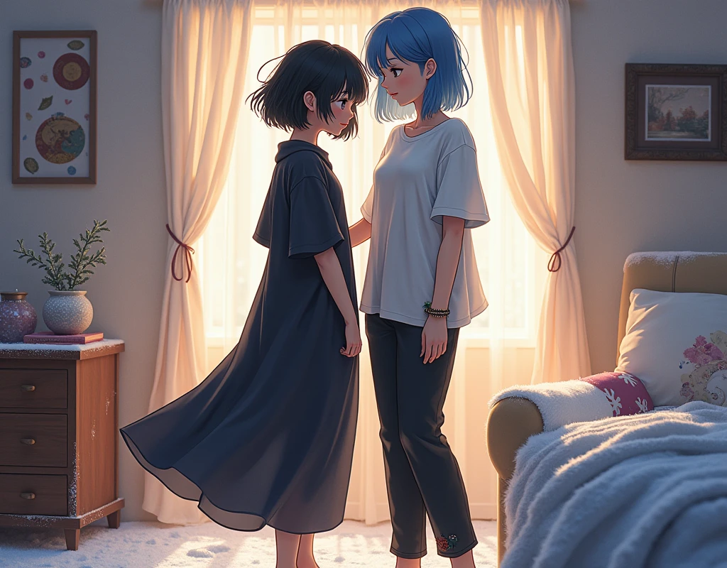"A girl with short black hair, wearing an oversized band shirt and black pants." Wearing a bracelet, standing next to her sister with long blue hair and a black dress, in a room decorated in a snowy style., My elder sister is taller.
