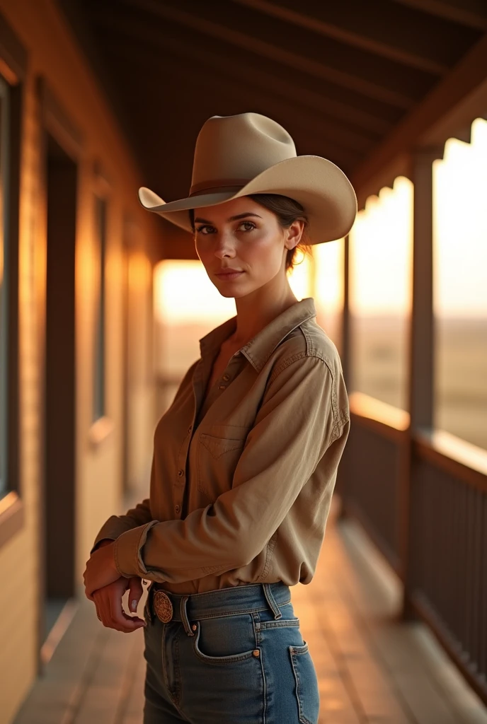 Realistic photography,40 years ranch lady. Beautiful lady, cutie, wearing a cowboy hat and light brown shirt, stands on the veranda ,sunset Shot in the knees,(skinny:1.3),Aesthetic work of art, intricate light brown pixie hair, , Realistic details, perfect proportions, Full length photo, very beautiful, strong perfect body, posing, pout, looking straight into the camera,high detail, Sharp Focus (natural light),, Crazy details, complex parts, hyperdetailing, orange atmosphere