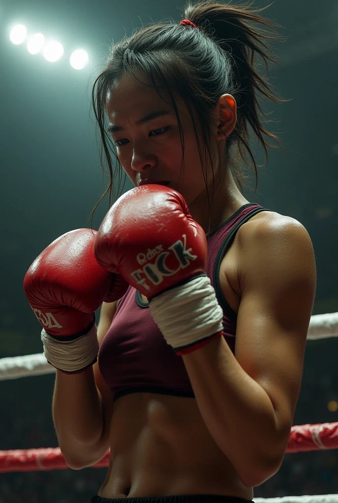 a beautifull Japanese female kick boxer vomiting in the ring, athletic body, sweaty
