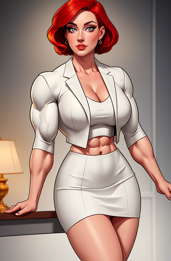 high quality,resolution:8k,realistic,Carolyn Dunn,red hair,bobcut,beautiful detailed eyes,beautiful detailed lips,white suit,pencil skirt,high heels,vivid colors,portraits,studio lighting, muscular arms and legs