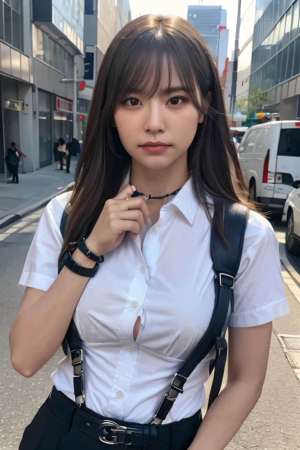 The woman has her hands tied、put your hands behind your backa woman in a suit, belt, hands behind back, sweating, suspenders, black pants, sexly, large breasts, see-through clothing,, detective, office worker, white button-up shirt, (best quality,4K,8k,highres,masterpiece:1.2),ultra-detailed,(realistic,photorealistic,photo-realistic:1.37),hyper-detailed,highly detailed face and body, Slender thin suspenders Moderate breasts See-through shirt Nipples holster chain Pistol Armament criminal Female criminal knife japanese profile Japanese women arrested handcuff Cable tie on thumb Restraint Fingercuffs