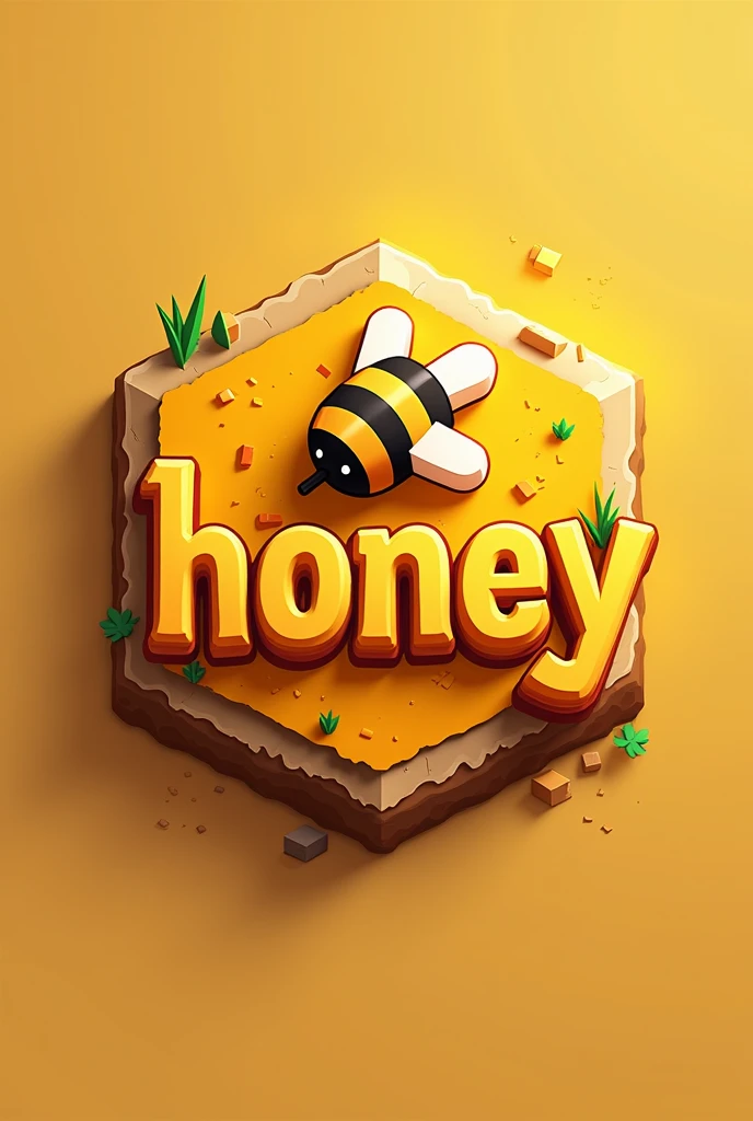 A emblem written "Honey'', with orange-yellow color minecraft theme with a minecraft bee