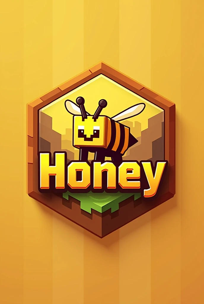 A emblem written "Honey'', with orange-yellow color minecraft theme with a minecraft bee
