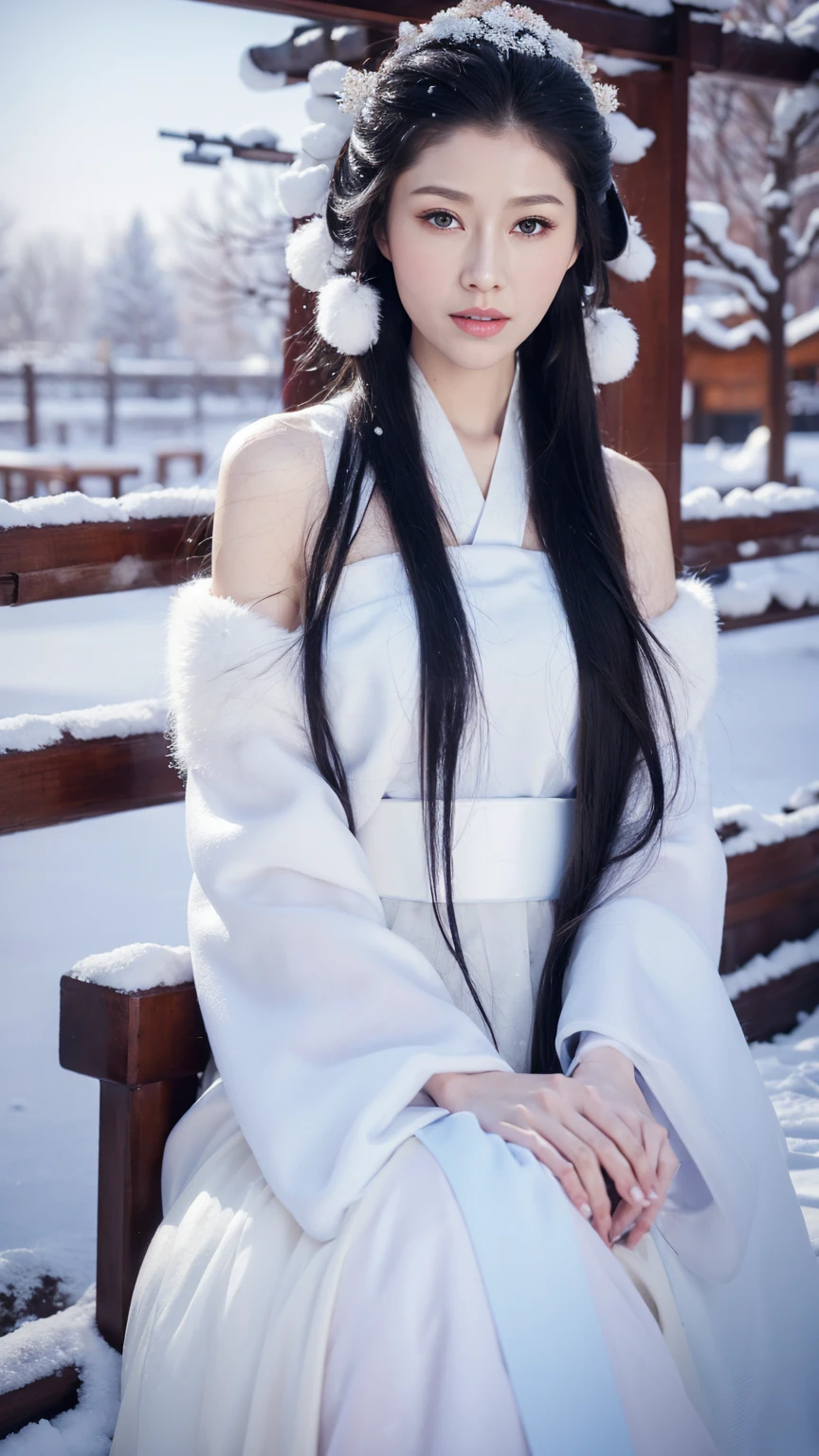 1 Fashion Model [[[[close up]]]], [[[[neck]]]], [[[[Shoulder]]]], (((Complete head)))，(((Complete hairstyle)))，Perfect eyes, Perfect Iris，Perfect lips，Perfect Teeth，Perfect skin，White skin，Soft headlights，High-density imaging，Black long hair，（Clean and delicate face），((White fur winter hanfu))，((Half-length photo))，((The background is a snowy scene))，((winter))，((Various dynamic poses))，((The background is a snowy scene))，best quality，masterpiece，（Soft colors：1.2）