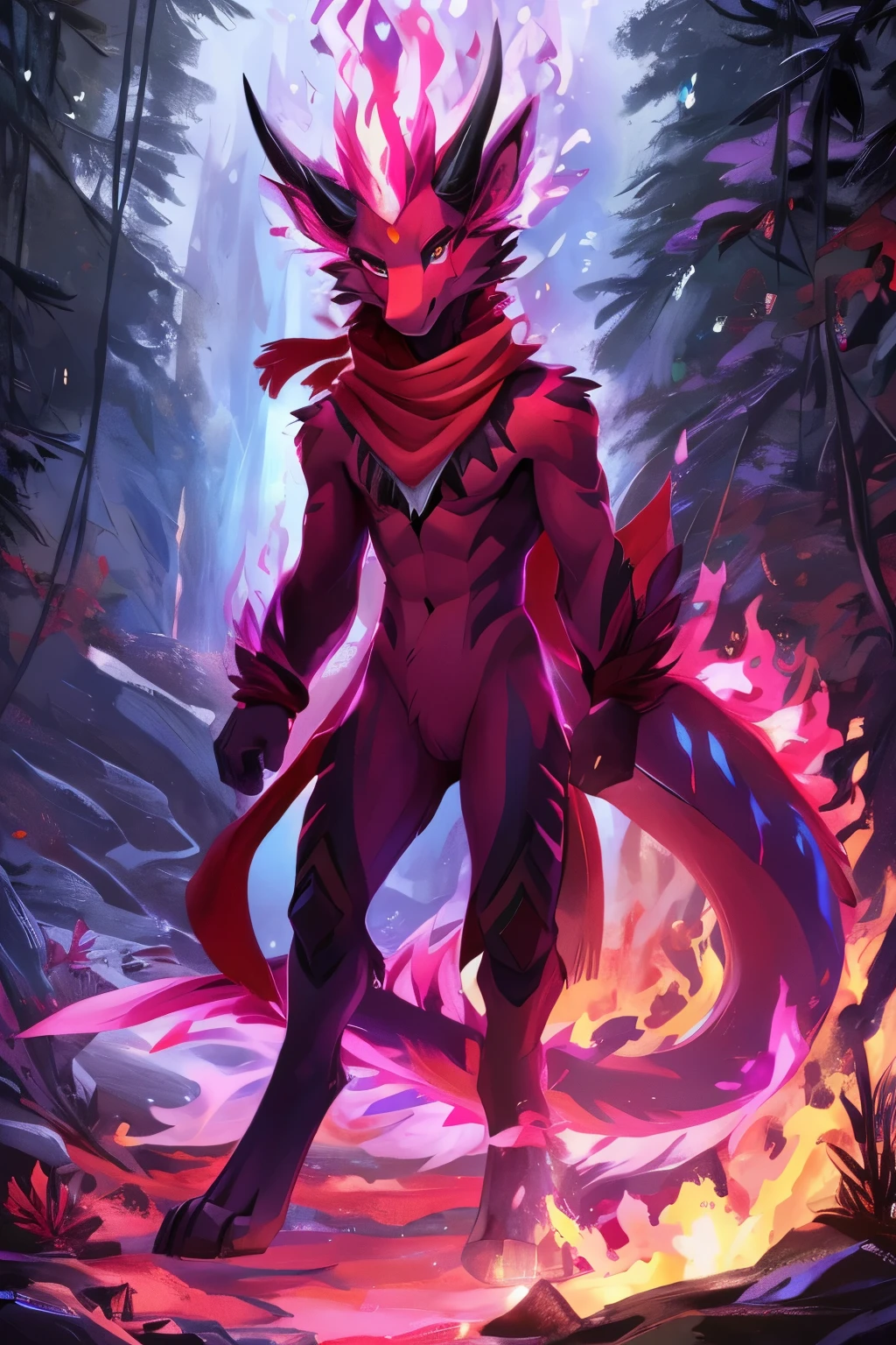 (anime), (front facing), (looking at the camera), slim furry white fire dragon, magenta fire magic, secondary body colors, (magenta, red and orange undertones), long muzzle, neck and tail fur, digitigrade, creative horns, feathers, (wearing only a scarf), nature background, full body