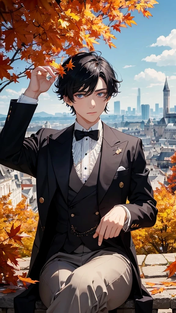 A medium black haired blue eyed boy wearing a monocle wearing a formal royal outfit calm. Sitting under a tree scattering leaves in the air in autumn. crown prince. Setting is a forest with a view of the city. perfect hands.