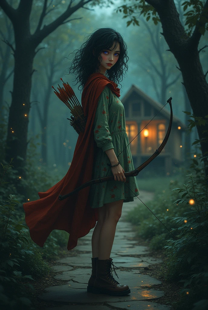 A girl  18, dark messy curly hair, right eye had red pupil left eye had purple pupil, with a summer cream dress printed with greenish red flowers with one side having long sleeve and the other side having a short sleeve, right hand holding a bag full of arrows and her left hand holding her bow, with a cape hanging below her foot, wearing a leather boots meant for hunting, standing in the middle of a dark woods, following a path leading to an abandoned cabin with laterns hanging outside of it. With dark aesthetic and fire flies can be seen in some of the trees in the woods.