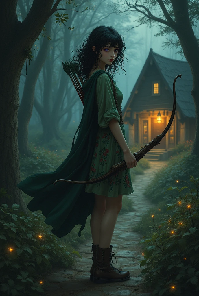 A girl age 18, dark messy curly hair, right eye had red pupil left eye had purple pupil, with a summer cream dress printed with greenish red flowers with one side having long sleeve and the other side having a short sleeve, right hand holding a bag full of arrows and her left hand holding her bow, with a cape hanging below her foot, wearing a leather boots meant for hunting, standing in the middle of a dark woods, following a path leading to an abandoned cabin with laterns hanging outside of it. With dark aesthetic and fire flies can be seen in some of the trees in the woods.