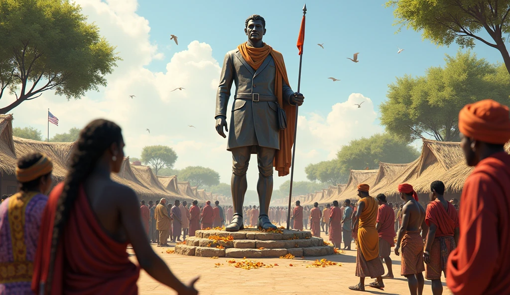 Legacy and Inspiration**
- The final scene depicts a modern-day tribute to Birsa Munda, showing a statue of him in a village square surrounded by tribal people who are laying flowers at the base. The scene symbolizes the lasting legacy of Birsa Munda, with a backdrop showing a thriving tribal community that has drawn strength and inspiration from his life and struggle. The mood is one of respect, remembrance, and pride.
These prompts illustrate the life, struggles, and enduring legacy of Birsa Munda as a great
